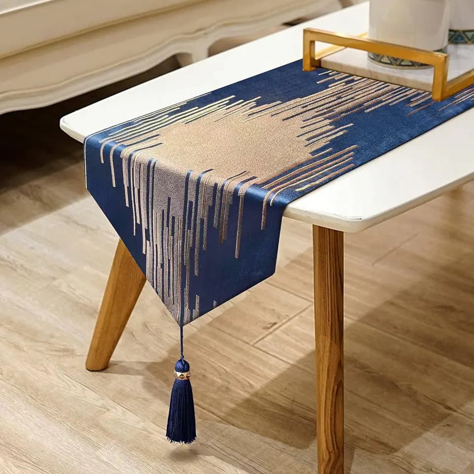 Luxury Modern Blue Table Runner,13"x120",Elegant Abstract Striped, Tassels