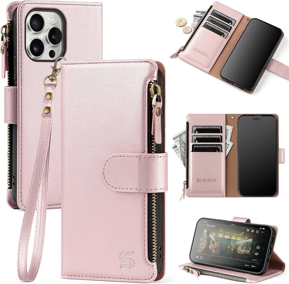 Shieldtop for iPhone 16 Pro Max Wallet Case with Card Holder,Rose Gold