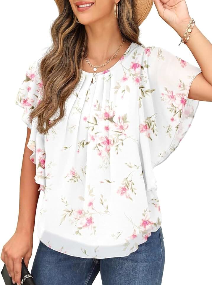 QIXING Chiffon Kurzarm Bluse Damen Sommor Top Damen Elegant Rundhals-Ausschnitt Batwing Sleeve T Shirt Fledermausärmel Tunika