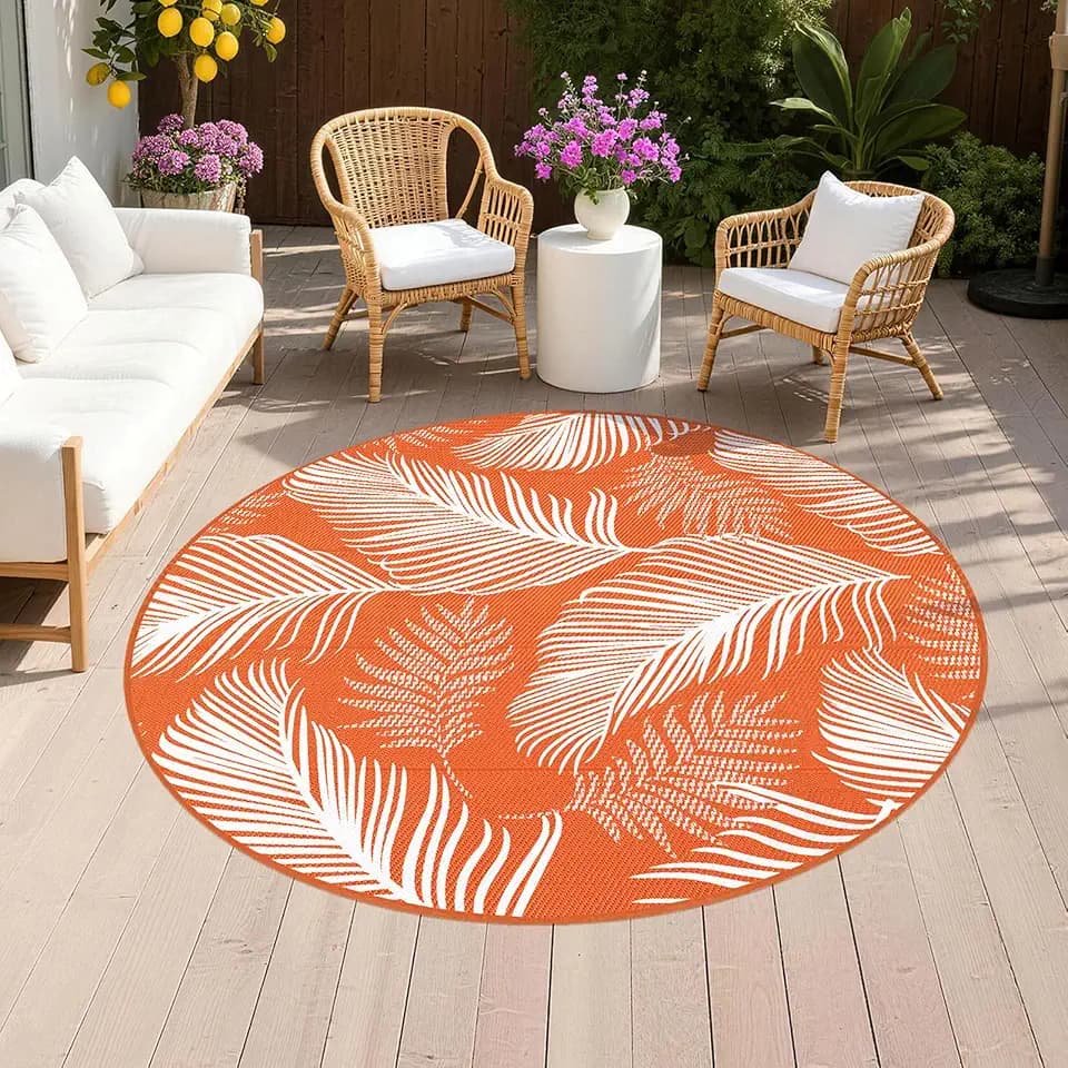 Pauwer Waterproof Outdoor Rug 6ft, Plastic Straw Patio Rug, Leaf Orange