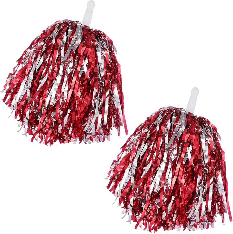 2 Pcs Cheerleading Pom Poms with Handle for Girl Team Spirit Sports Games Dance Outfit (Red-Silver Glitter)