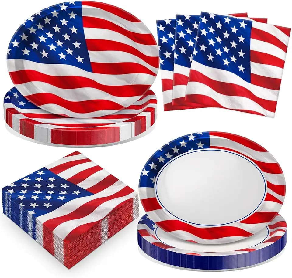 Maxdot 100 Pcs 4th of July Party Supplies for 50 Guests, American Flag Paper Plates and Napkins Set, Patriotic Tableware for Independence Day BBQ Picnic, 250th Anniversary Celebration