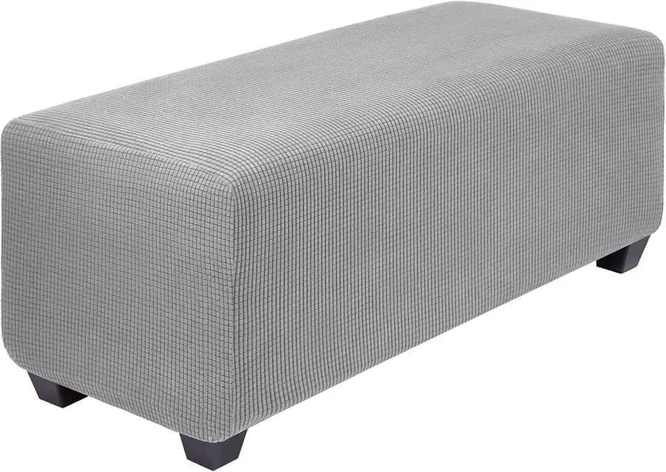 PiccoCasa Hochelastischer Polsterhocker mit elastischem Boden, weicher Überzug aus Jacquardstoff mit kleinen Karos, rechteckiger Aufbewahrungshockerbezug, Möbelbezüge, XL, Hellgrau