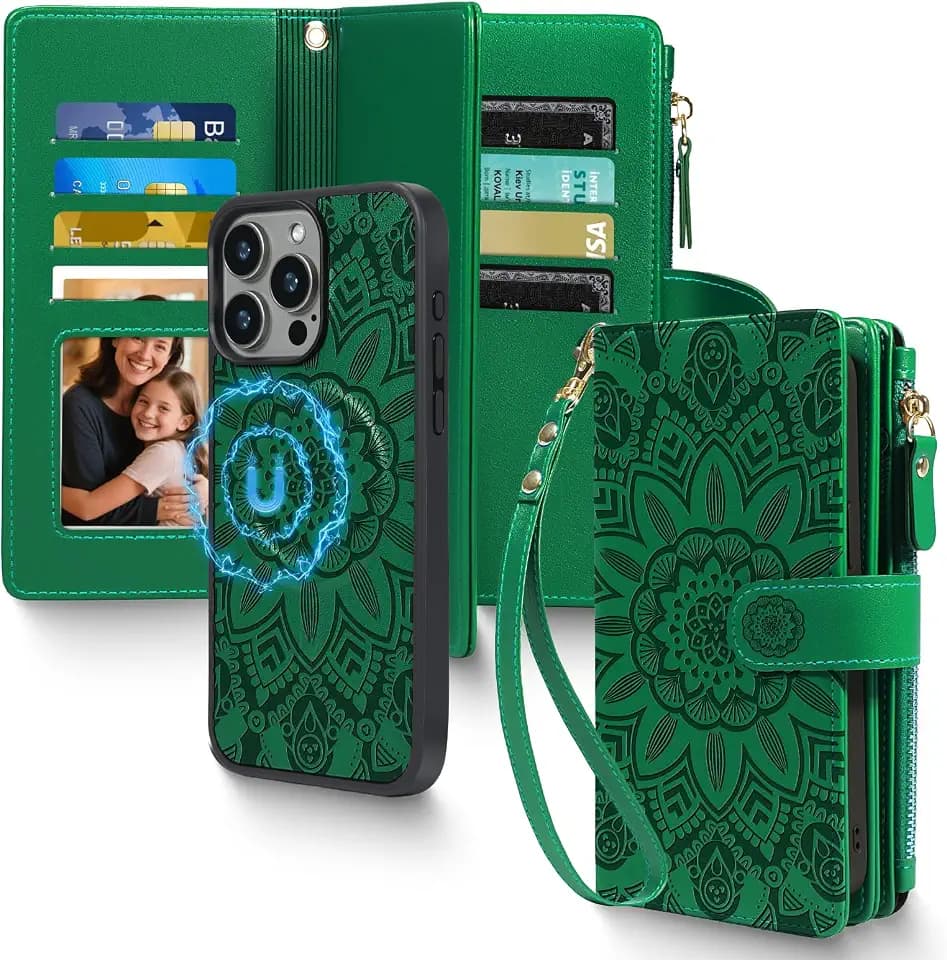 2 in 1 for iPhone 15 Pro Wallet Case Magnetic Compatible with Magsafe RFID Blocking Card Holder Detachable Phone Cover Zipper Purse Kickstand Wrist Strap for Men Women 6.3" 2023 Floral Green