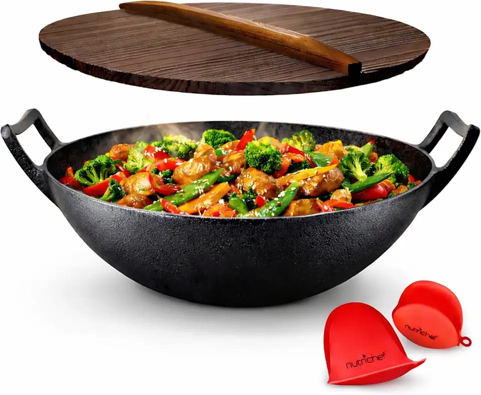 NutriChef Wokpfanne- Ø 30cm, Vorgewürztes- Wok Induktion- mit Holzdeckel