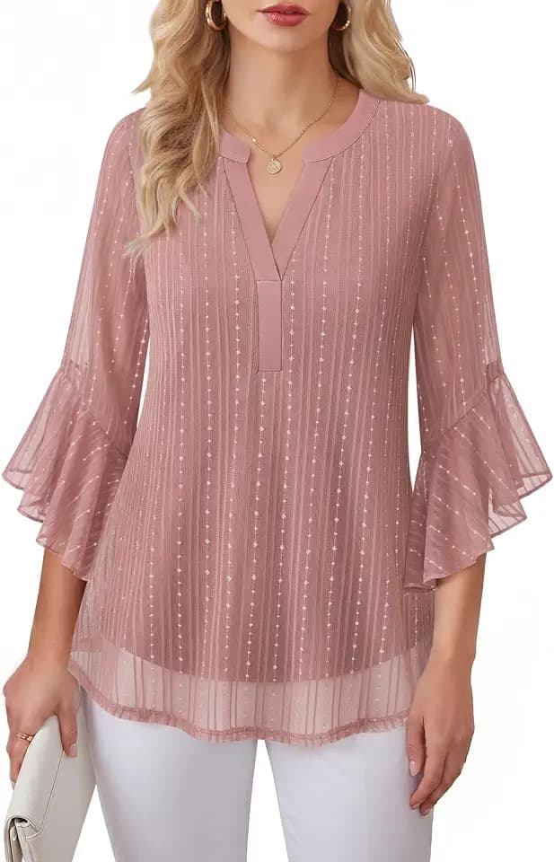 Lotusmile Women's 3/4 Sleeve Dressy Tops Elegant V Neck Blouse for Women Casual Work Evening Party