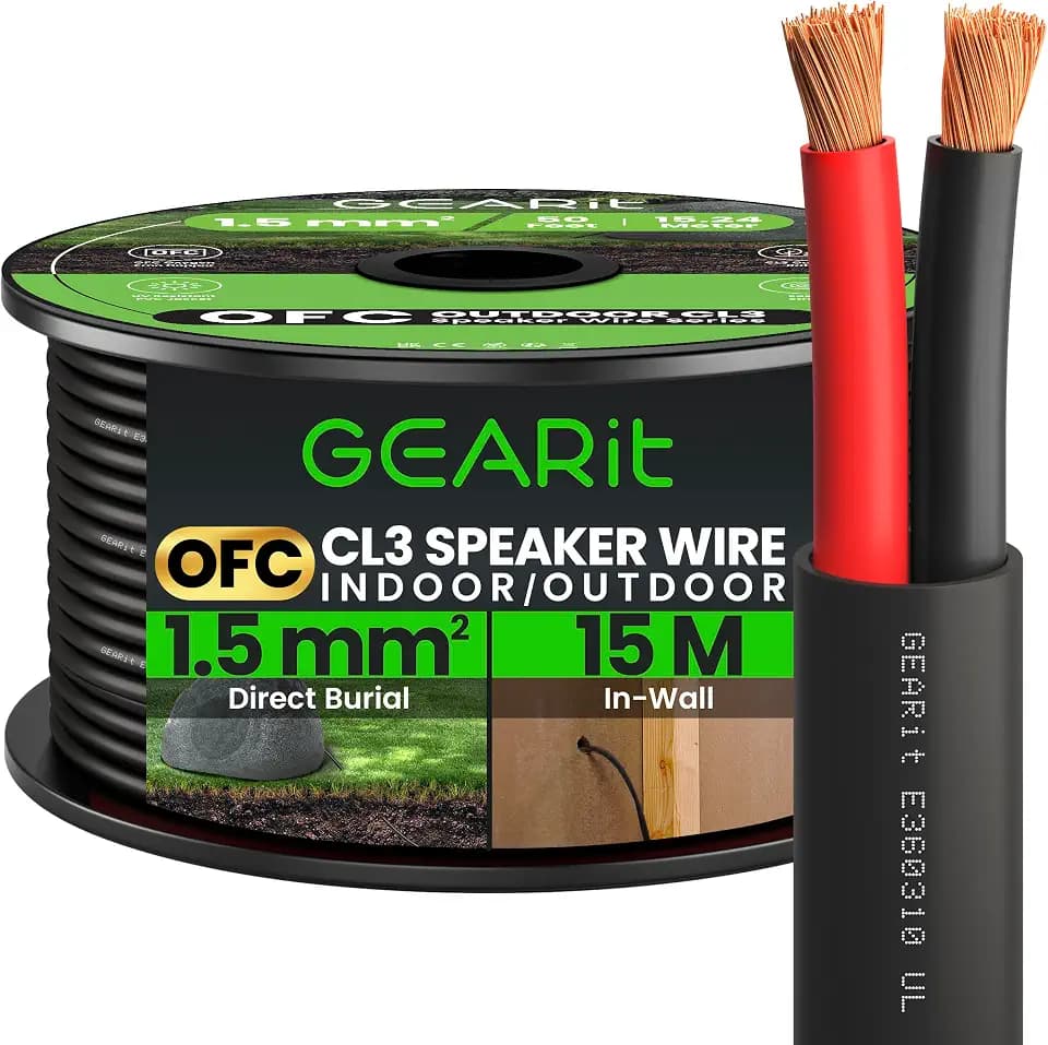 GearIT Lautsprecherkabel, AWG, 16 Gauge, reines Kupfer, CL3, OFC-Draht, 15 m, schwarz, sauerstofffreies Kupfer, direkte Erdverlegung, 16 AWG