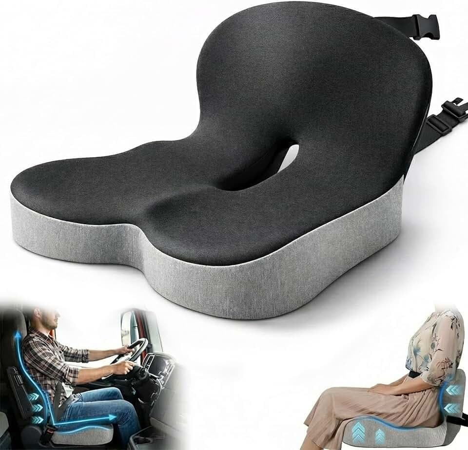 Extra-Wide Truck Driver Seat Cushion, Memory Foam with L-Shaped Ergonomic Design, Lumbar Support & Tailbone Pain Relief, Easy Installation, Durable Comfort for Extended Driving Sessions