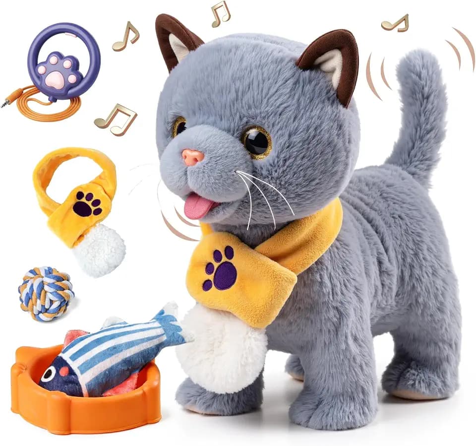 TUMAMA KIDS Interaktives Katze Spielzeug für Kinder Mit 6 Musik, Kuscheltier Kittens Mit Fernbedienung Leine Der Läuft Und Bellt, Plüschtier Elektronisches Kätzchen ab 2 - Gehen, Miaut, Schwanz Wedeln
