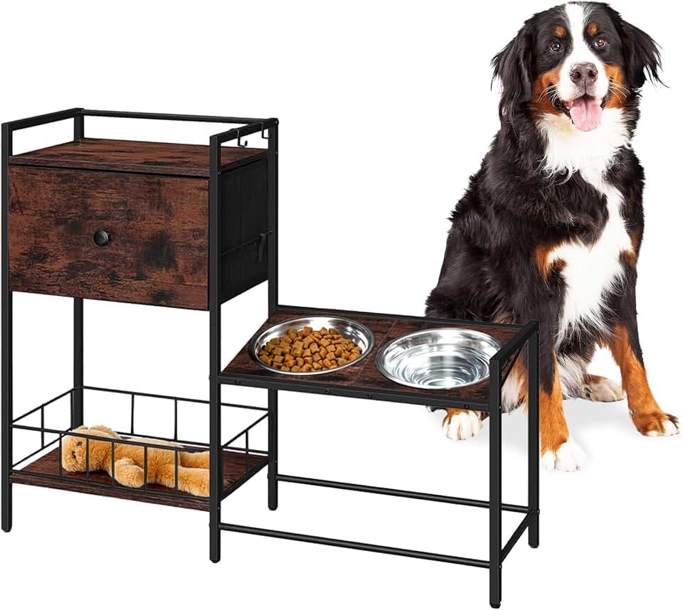 Relaxdays Futterstation Hund, 2 Hundenäpfe, Stauraum, HBT 76x90x27 cm, erhöhte Hundebar, Industrial, Hundeschrank, braun