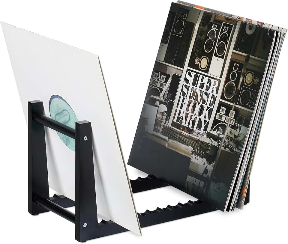 Relaxdays Schallplatten Ständer, Bambus, mit 12 Rillen für 50 LPs, schwarz