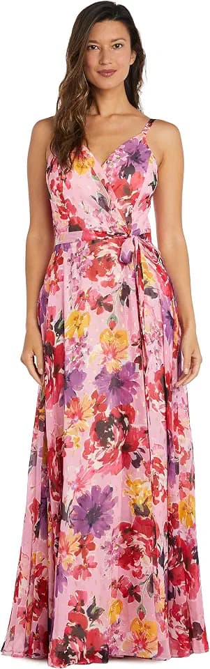 NIGHTWAY Women's Floral Mock Wrap Maxi Dress W/Tie Waist & Spaghetti Strap - Sleeveless Daytime Flowy Spring Summer Sundress