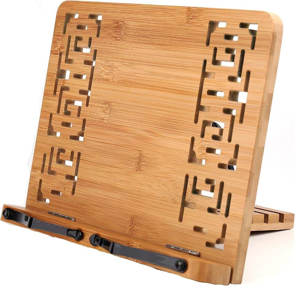 Lawei Bücherständer Bambus Leseständer Buchhalter Verstellbar Buchstütze Ständer mit 2 Seitenhalter für Kochbuch Rezept iPad Tablet Musiknoten - 20 x 28 x 1 cm