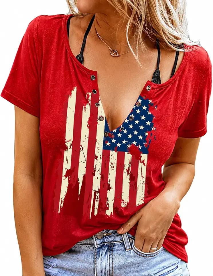 4th of July Shirts for Women Sexy V-Neck American Flag T-Shirt with Ring Hole Short Sleeve Patriotic Tops Summer Fashion
