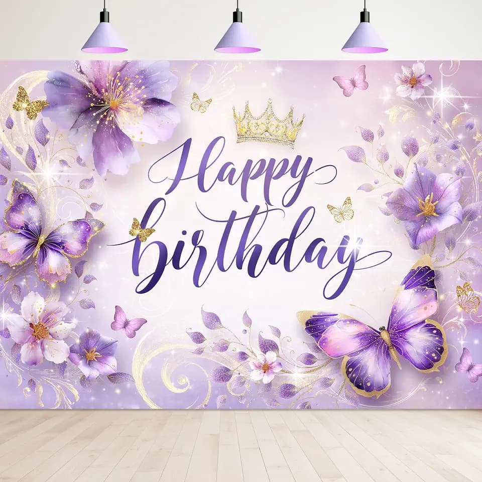 Happy Birthday Elegant Purple Butterfly Lilac Floral Photography Backdrop