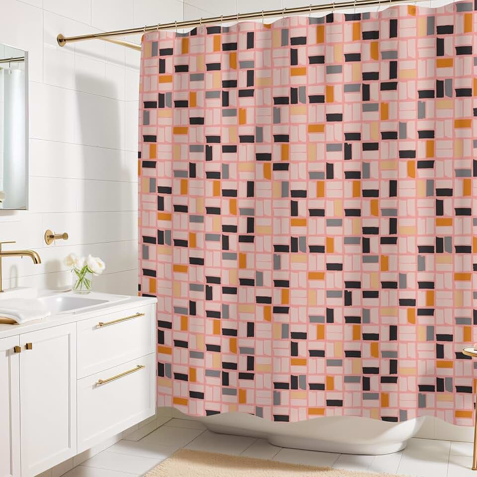 Pink MidMod Shower Curtain – 72x72 Mid Century Modern Bathroom Curtain with Abstract Square Pattern, Retro Colorful Fabric Design for Apartments, Guest Baths, or Dorms