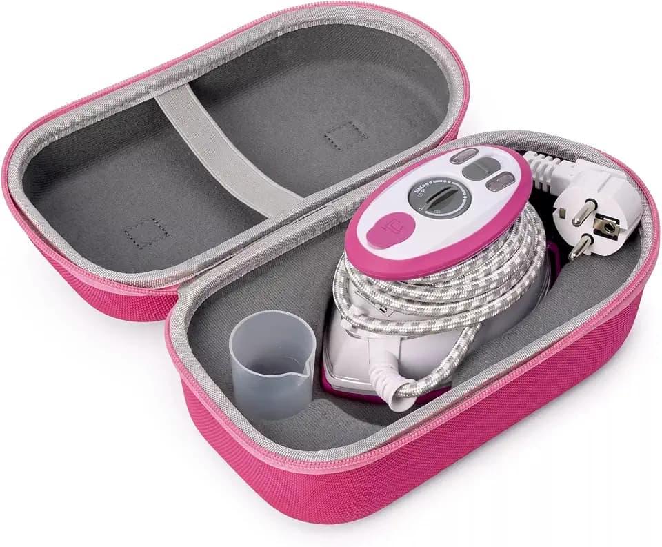 Prym Mini Dampfbügeleisen pink mit Silikonablage & Aufbewahrungs-Case im Set | 400W, einstellbare Temperatur (110–240V) | ideal für Nähen, Patchwork & Reisen