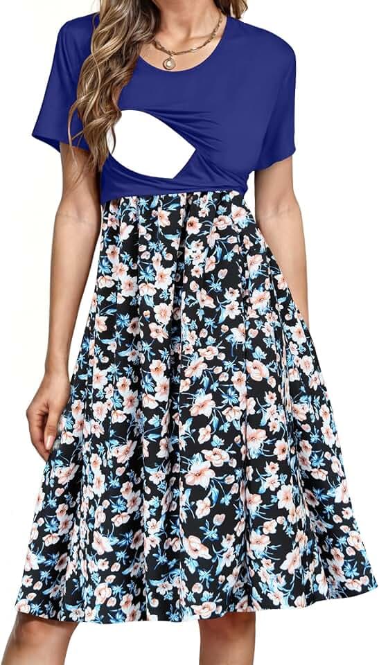 PARNIXS Damen Stillkleid Sommer Kurzarm Patchwork Schwangerschaft Kleidung mit Taschen