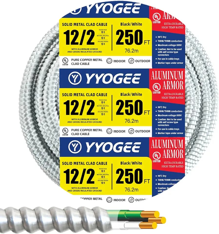 12/2 250FT MC Cable with Ground, 12 Gauge Wire Metal Clad Cable with Solid Copper Conductors, Aluminum Armor, Electric Wire for Indoor, Outdoor, Commercial, Industrial Use