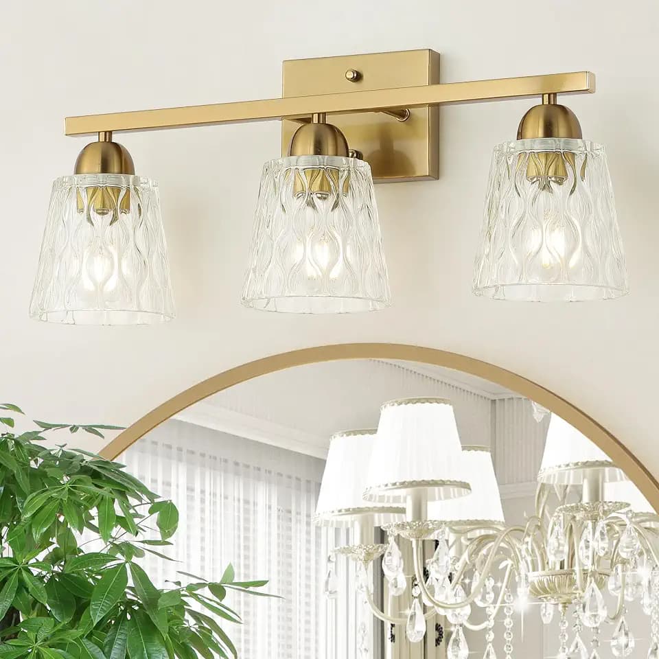 Mecgirn Stainless Steel Bathroom Vanity Light Over Mirror, 3 Light Brushed Gold Bathroom Light Fixtures with Textured Glass Shades, Modern Vanity Lighting Wall Mount