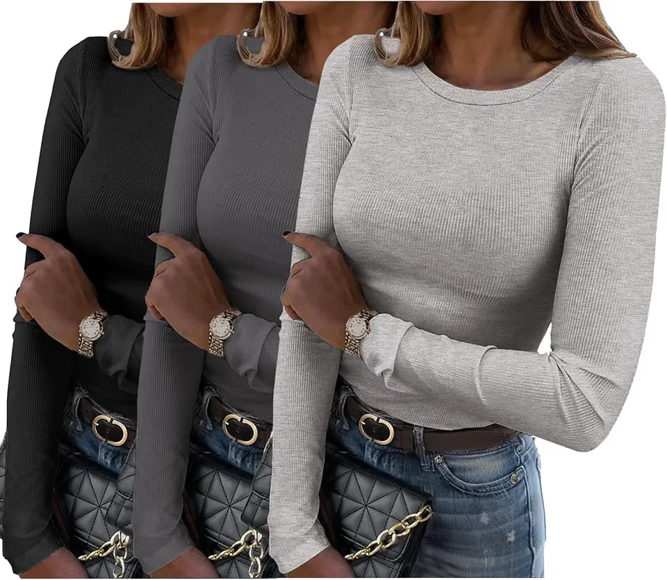Zeagoo Women Long Sleeve Shirts Ribbed Slim Fit Tops Crewneck Basic Tee