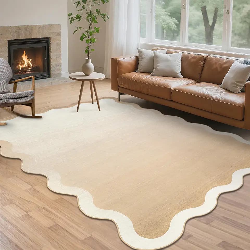 Scalloped Washable 9x12 Area Rug for Living Room, Modern Minimalism Soft Non Slip Bedroom Nursery Rugs, Indoor Contemporary Large Stain Resistant Dining Room Carpet for Home Decor, Beige