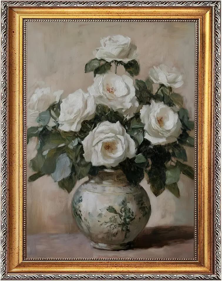 Vintage White Rose Wall Art Framed Canvas Poster Print Antique Floral Still Life Painting Romantic Botanical Bouquet Picture Neutral Flower Artwork Country Cottage Decor for Living Room Home 16x24inch