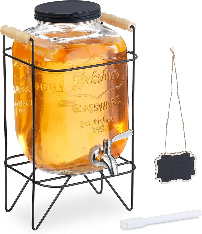 Relaxdays Getränkespender mit Ständer, Limobehälter 5L, Edelstahl Zapfhahn & Deckel, Wasserspender, Glas, transparent