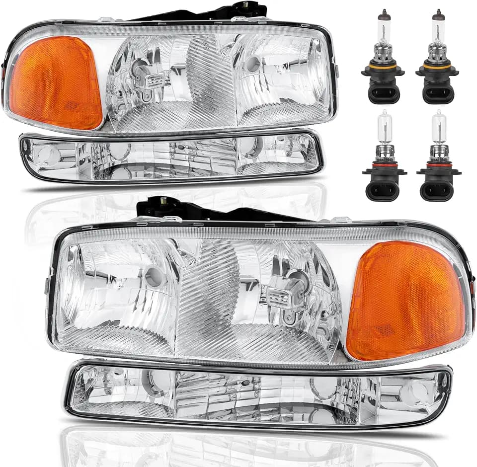 KUIPERAUTO Headlight Assembly Front Lamp Compatible with 1999-2006 GMC Sierra 1500 2500, 2000-2006 GMC Yukon Headlamp w/Bulb Chrome Housing/Clear Lens/Amber Corner