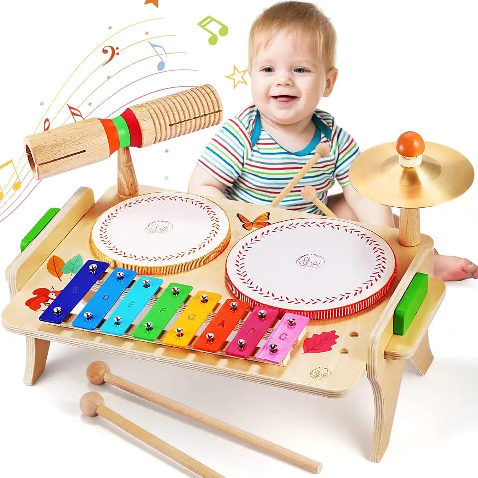 WINGYZ Kids Drum Set, 7-in-1 Wooden Music Instruments for Toddlers FSC Safe