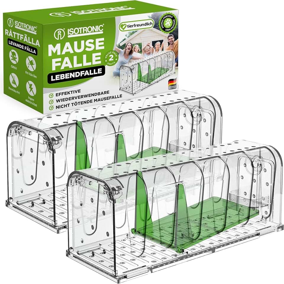 ISOTRONIC Mausefalle Lebend mit Köderbox – tierfreundliche Lebendfalle für Mäuse, Ratten & andere Nagetiere – Wiederverwendbare Rattenfalle mit berührungsloser Freigabe & extra Luftlöchern (1 Stück)