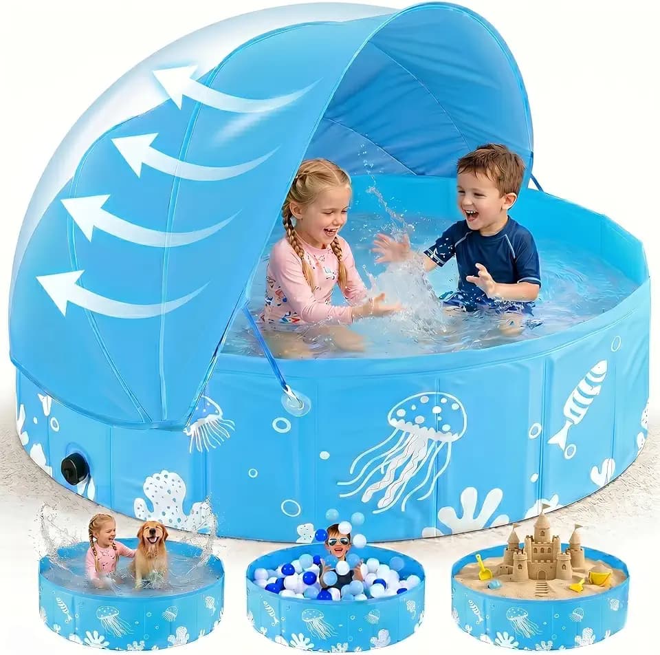 Foldable Kiddie Pool with Canopy, 47 in, Non-Inflatable, Blue