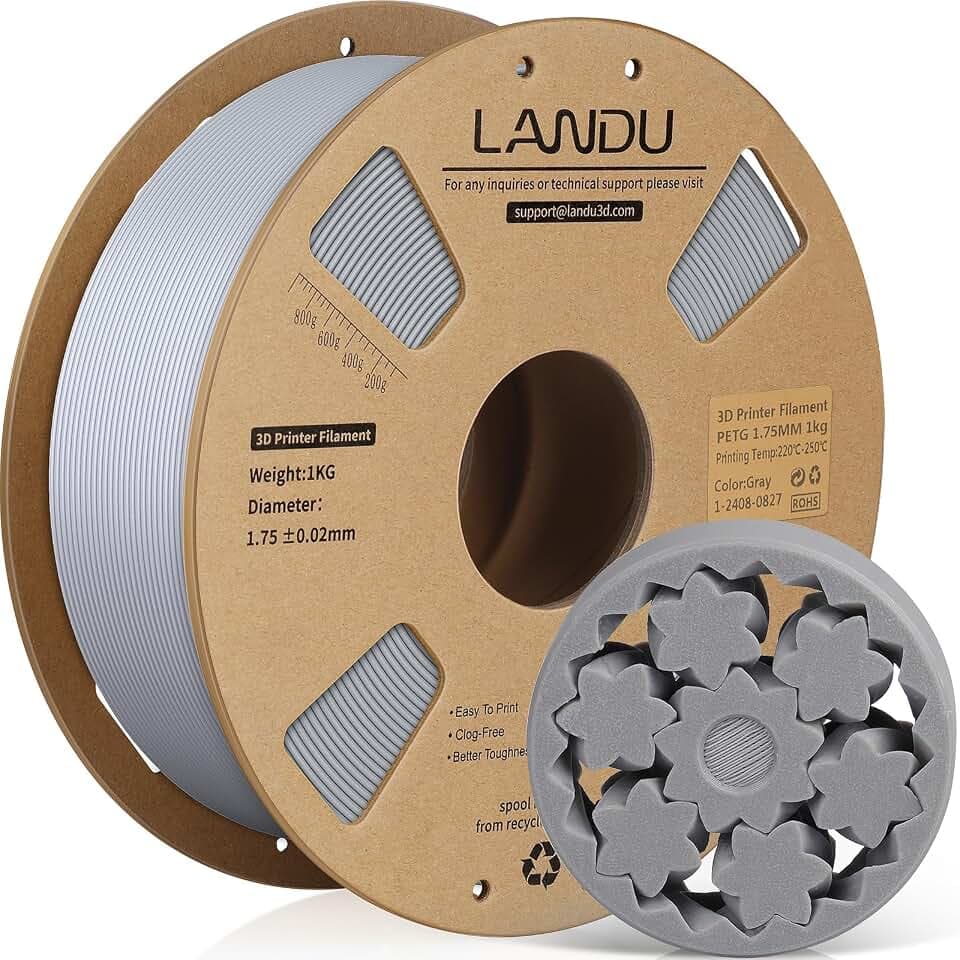 LANDU PETG Filament 1.75mm 3D Drucker Filament PETG Stärker Zähigkeit Maßgenauigkeit +/- 0,02 mm 1kg Pappspule(2.2lbs) Passend für die meisten 3D Drucker,PETG Grau