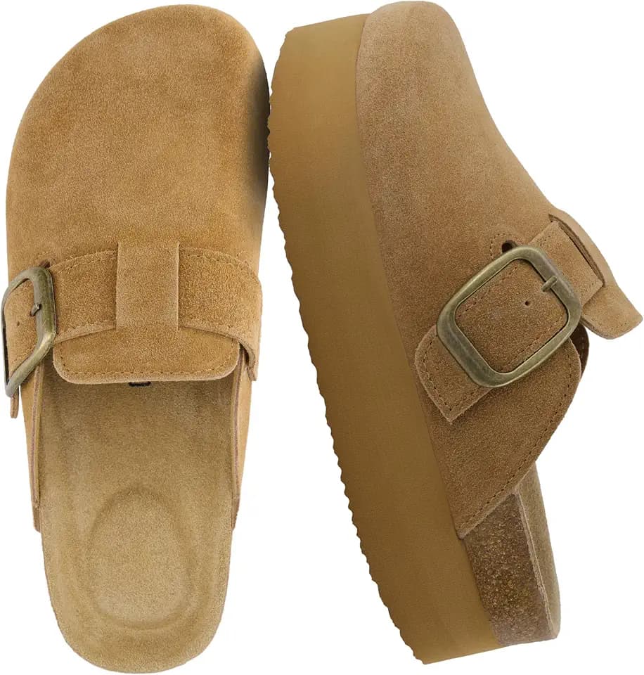 CUSHIONAIRE Women's Granola *Previous Buckle Issue Fixed* Genuine Suede Cork Footbed Platform Clog, +Comfort, Wide Widths Available
