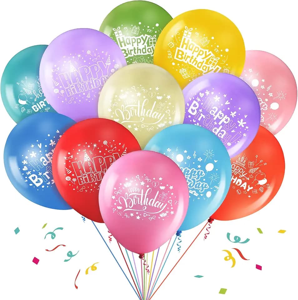 Zomiboo 48 Pcs Happy Birthday Balloons 12'' Latex Colorful Happy Birthday Printed Balloons for Women Men Party Decoration