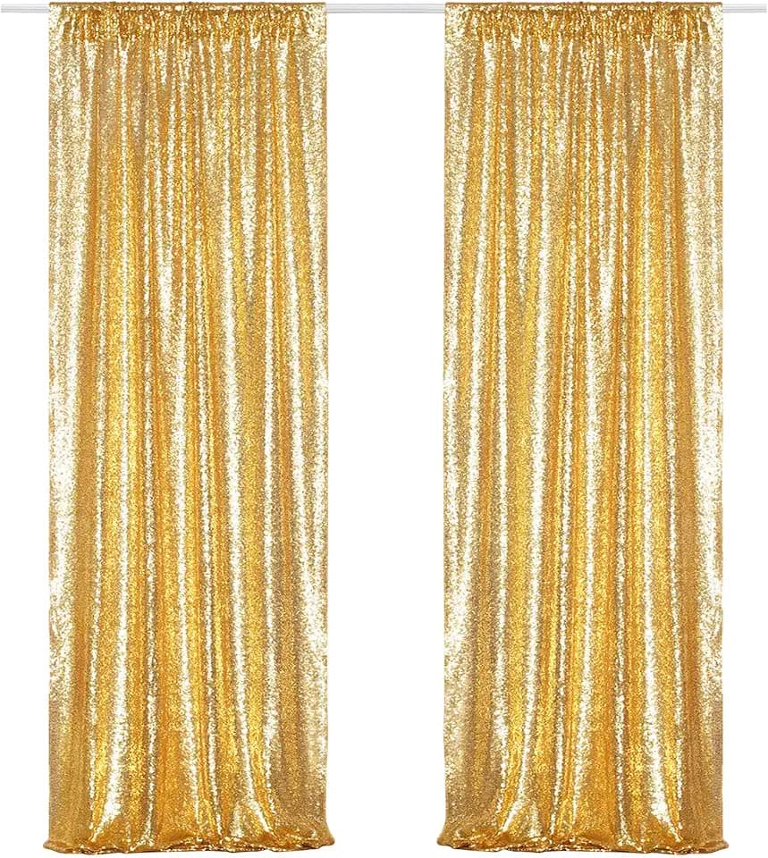 Poise3EHome Gold Sequin Backdrop Curtains,2 Panels 2FTx8FT Glitter Background for Party Halloween Birthday Party Baby Shower Wedding Christmas Thanksgiving Holiday Festival Decor
