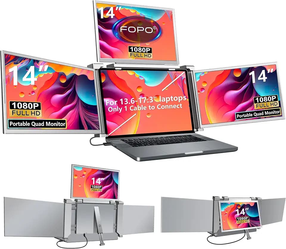 14" Quad Laptop Screen Extender, 1080P IPS, One-Cable Setup