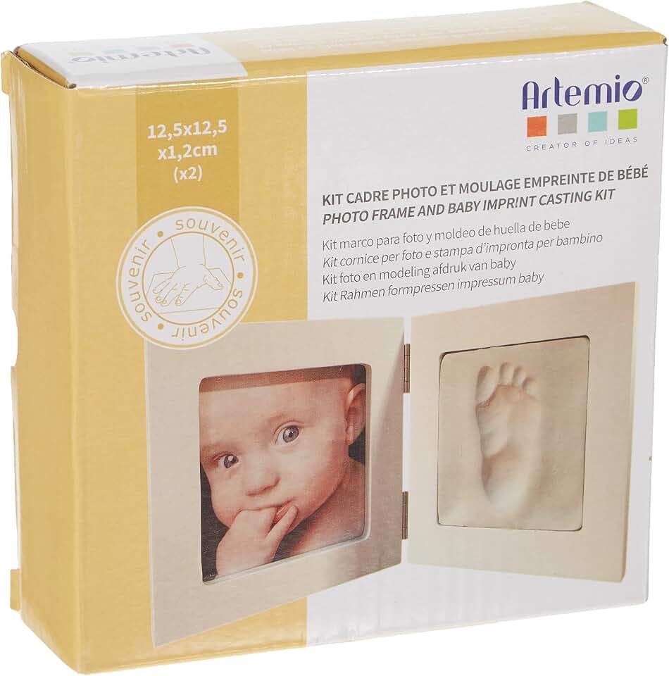 Artemio Kit Guss Fußabdruck des Babys und Bilderrahmen, Holz, Weiß, 12,5 x 12,5 x 1,2 cm