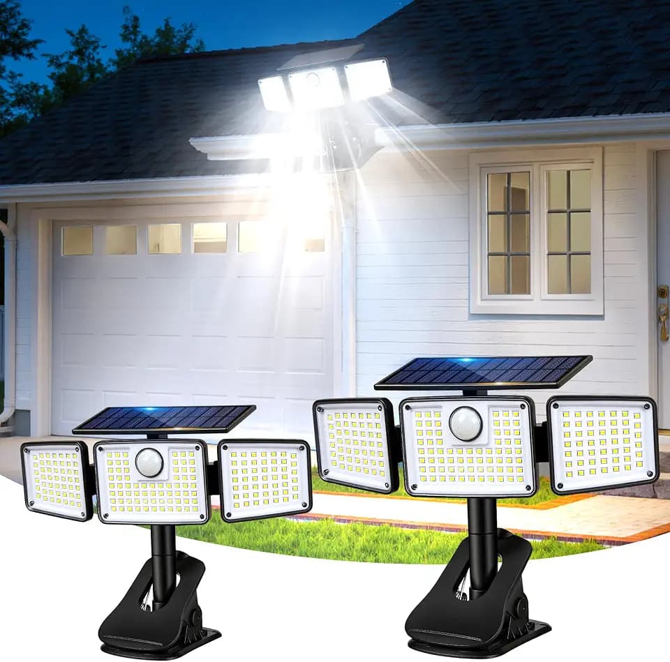 1500LM Clip On Solar Lights Outdoor, Motion Sensor Outdoor Lights with 270° Wide Angle & Remote Contral, 3 Heads IP65 Waterproof Solar Powered Flood Light for Fence, Patio, Backyard, Garden 2 Pack
