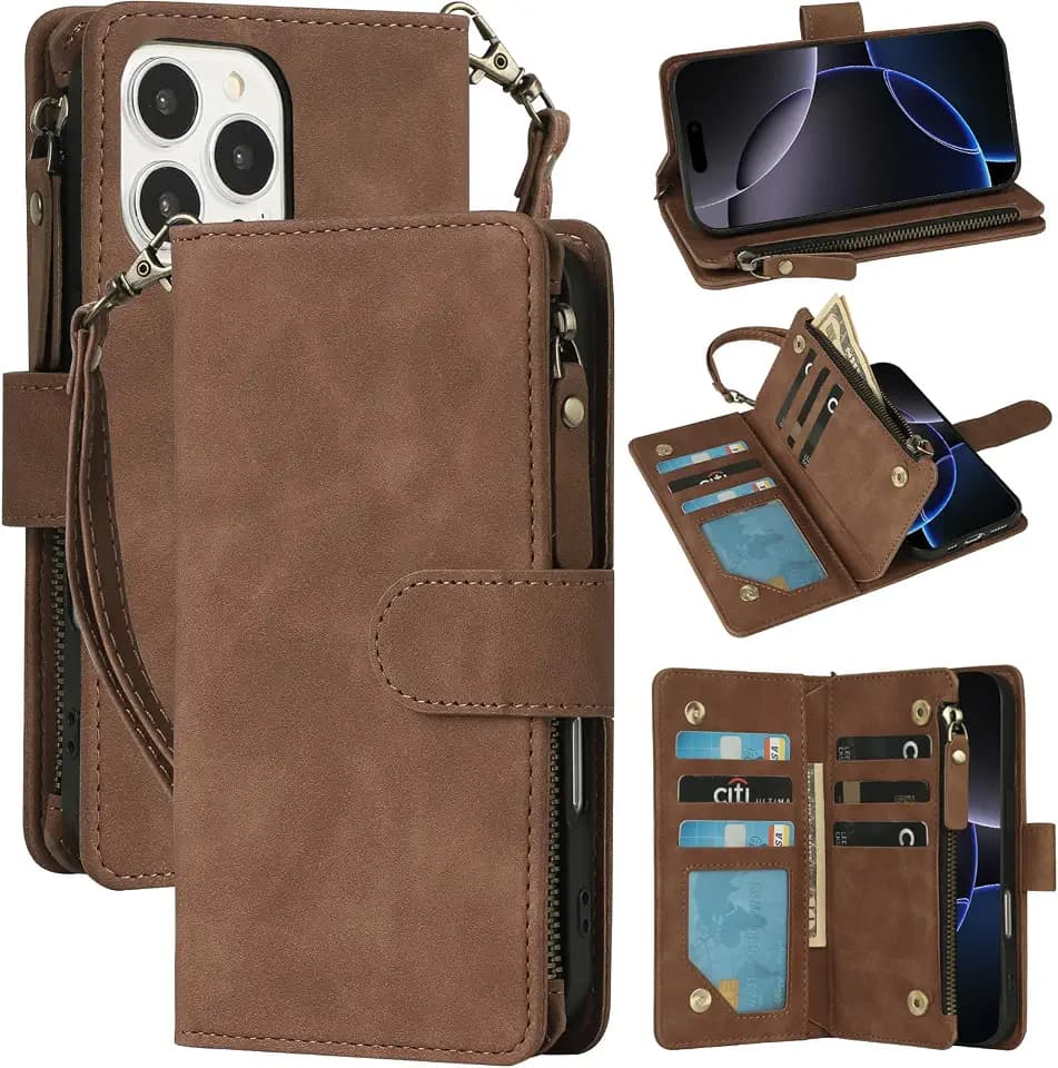 RANYOK Wallet Case for iPhone 16 Pro with RFID Blocking Card Holder, PU Leather Zipper Pocket Flip Folio Case for iPhone 16 Pro Case Wallet with Wrist Strap Kickstand Protective Case (Brown)