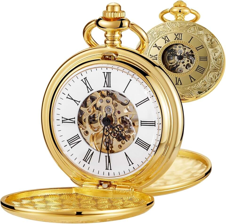 Vintage Design Case Mechanical Men's Watch Double Face Roman Numerals Clock Hand Wind Pocket Watch with Chain&Box
