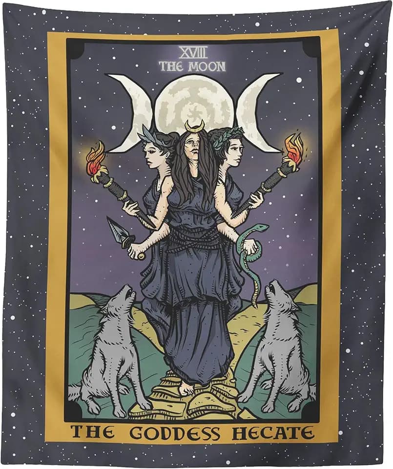 The Goddess Hecate Tarot Card Tapestry - Triple Moon Goddess of Witchcraft Hekate Wheel Pagan Witch Wall Hanging (60" x 50")