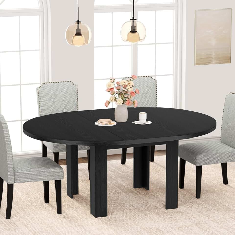Garvee 47''-63'' Extendable Round Dining Room Table for 4-6, Black