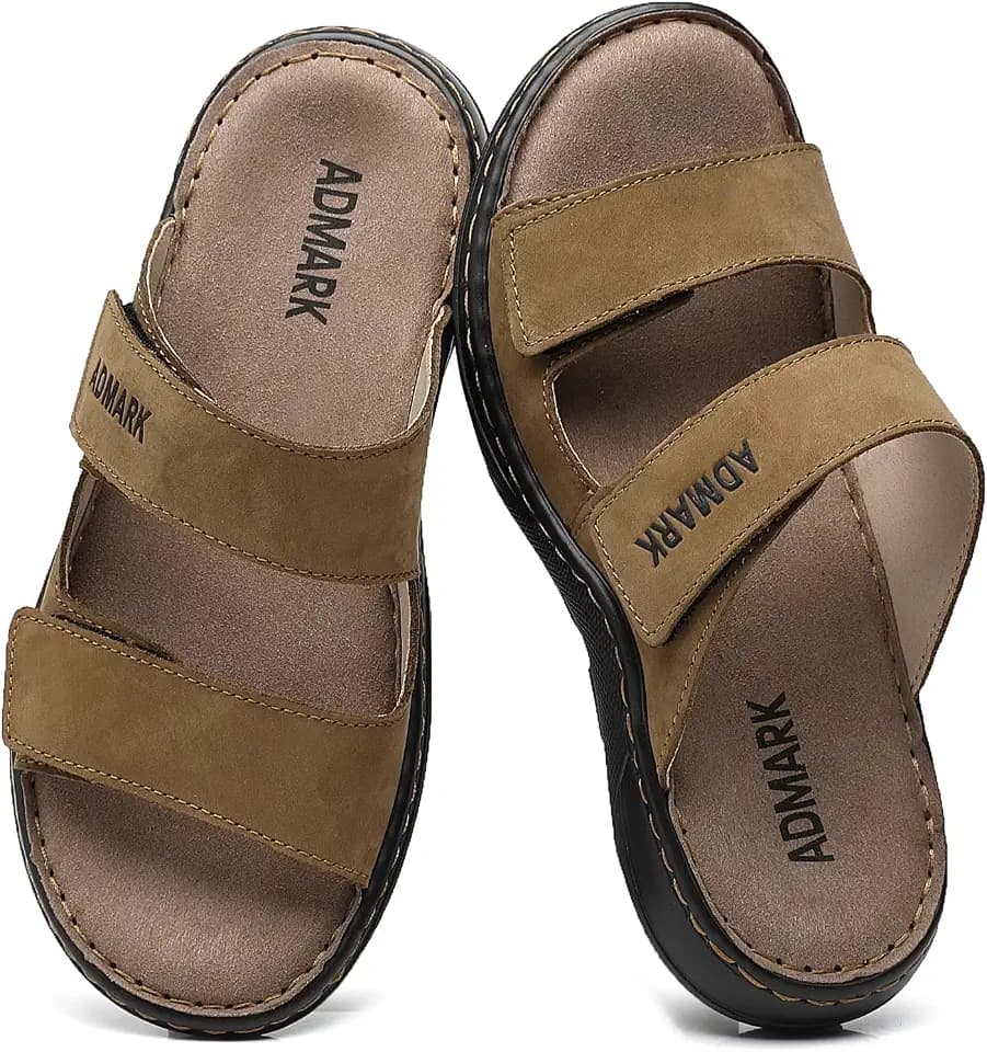 ADMARK Men's Leather Slip On Slide Sandals, Arch Support, Adjustable Strap