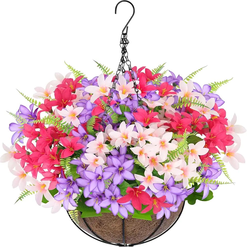Artificial Faux Hanging Plants Flowers Basket for Outdoors Spring Summer Decoration, Hanging Planters with Fake Silk Hyacinth Flower UV Resistant for Outside Porch Patio Balcony Garden Purple Fuchsia