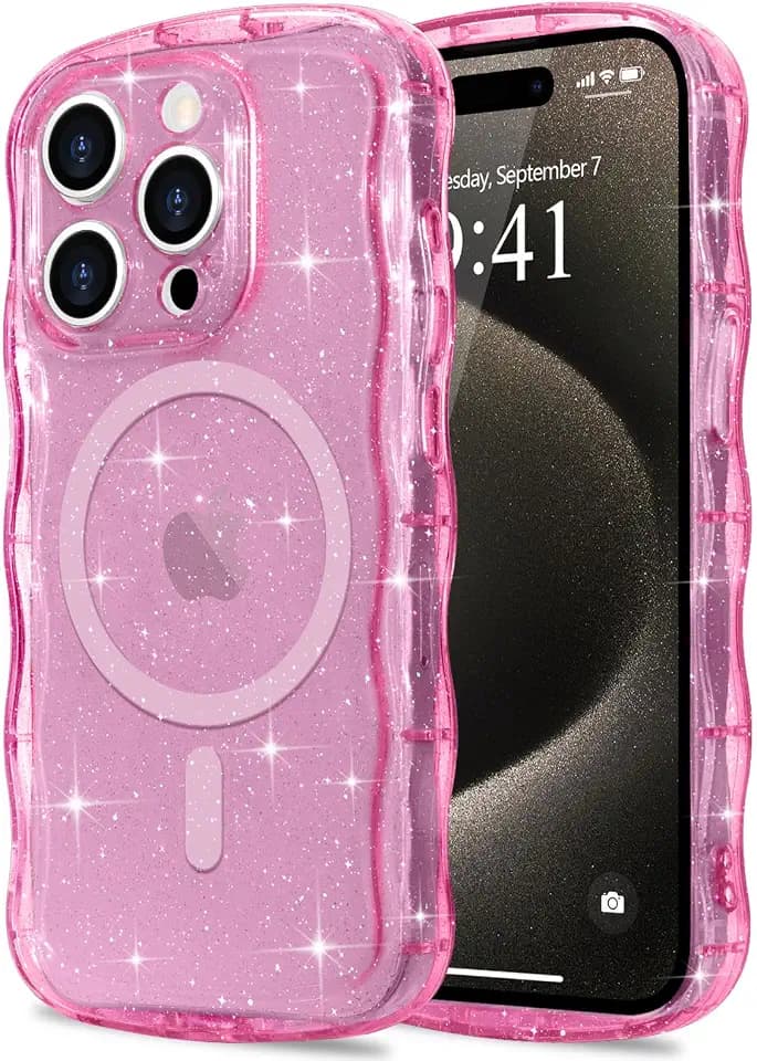 Pepmune Magnetic for iPhone 15 Pro Case Clear Glitter, Hot Pink