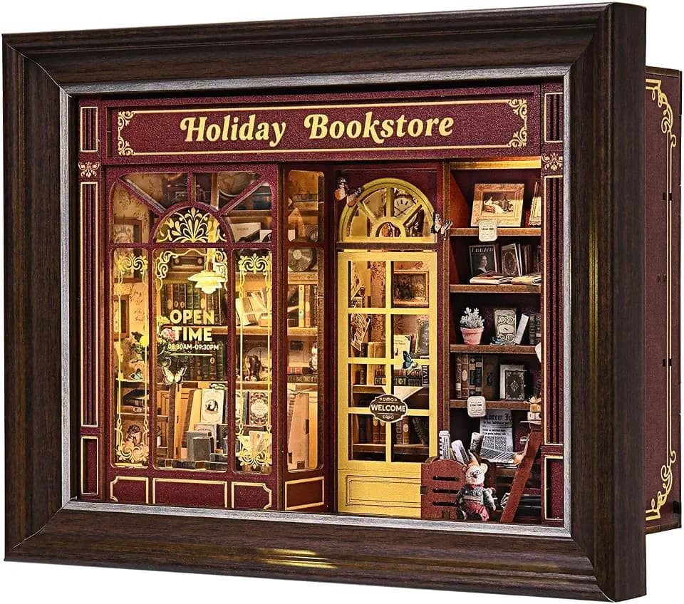 Book Nook Kit-3D Wooden Puzzle with LED Switch Control & Wall-Mountable Frame,DIY Miniature House for Beginners,Bookshelf/Tabletop/Wall Decor for Craft Lovers,Dollhouse Gift,Holiday Bookstore
