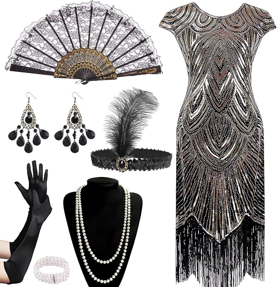 20er Jahre Kleider Damen, Pailletten Fransen Kleid, mit 20er Jahre Accessoires, Flapper Kleid, Faschingskostüme Damen, Charleston Kleid, Karneval Kostüm Damen, Vintage 1920er Kostüm Kleider