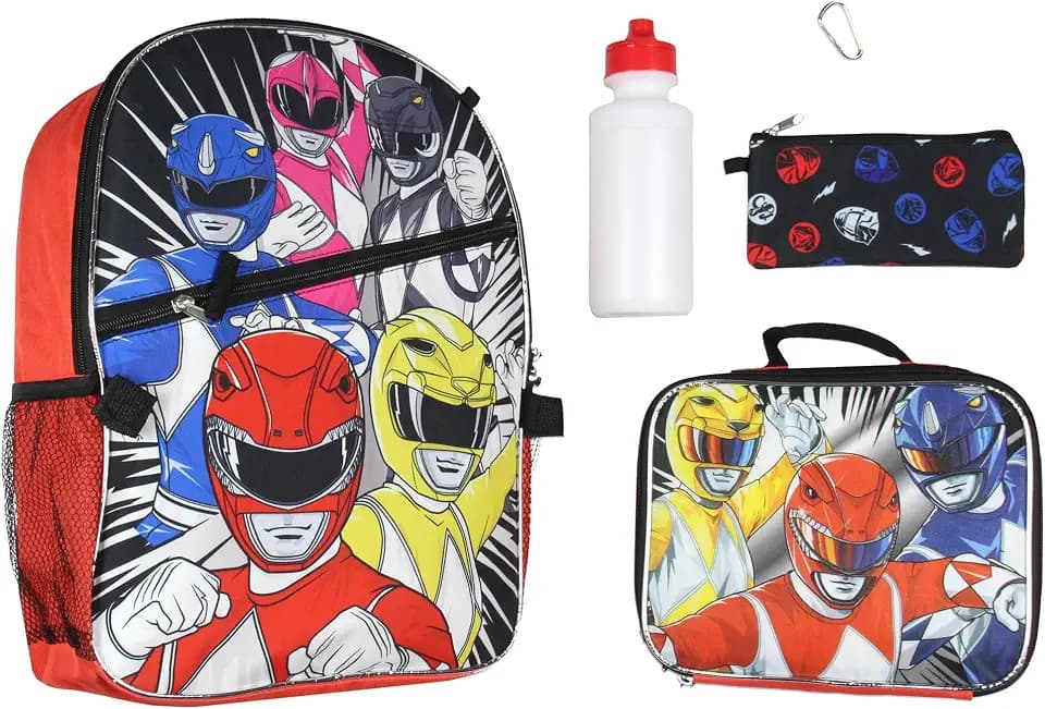 AI ACCESSORY INNOVATIONS Power Rangers Let's Do This Red Pink Black Blue Ranger Backpack Lunch Bag Gadget Case Carabiner Water Bottle 5 Piece Set 16"