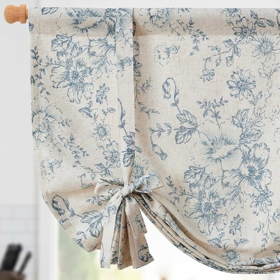 jinchan Alice Linen Kitchen Window Valance, Tie up, 42x45, 1 Panel, Blue